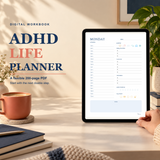 Theeles ADHD Life Planner 200-page digital PDF hero with an actual Monday planning page displayed on a tablet.