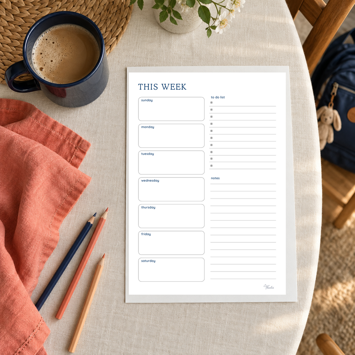 Actual This Week page with seven day spaces, a to-do list and notes, printed on a warm home table.