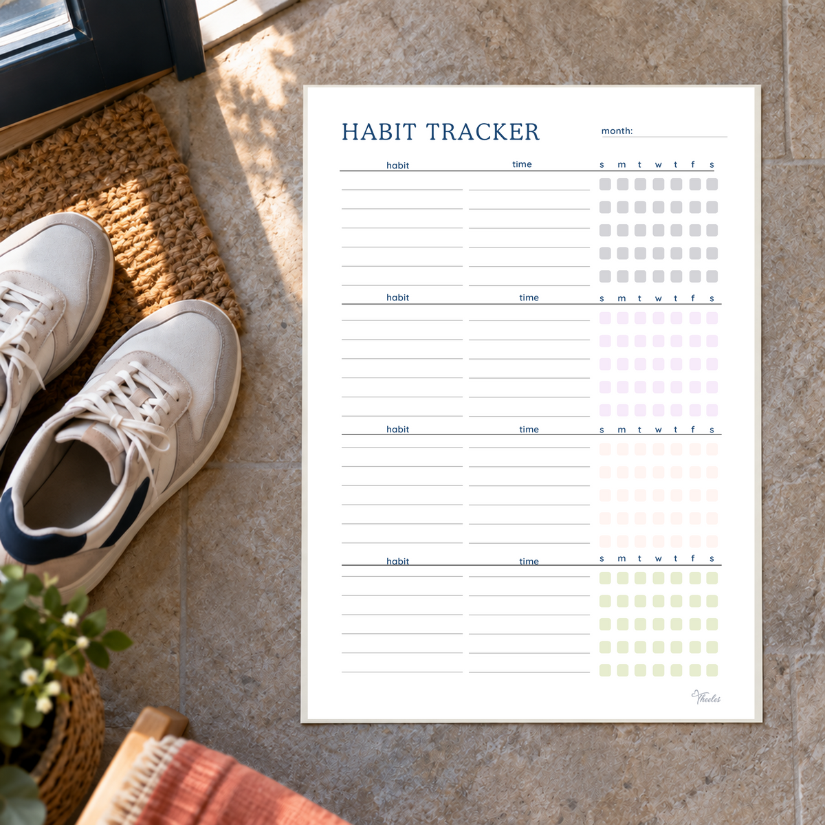 Actual habit tracker worksheet with weekly check boxes shown by a sunny entryway and walking shoes.
