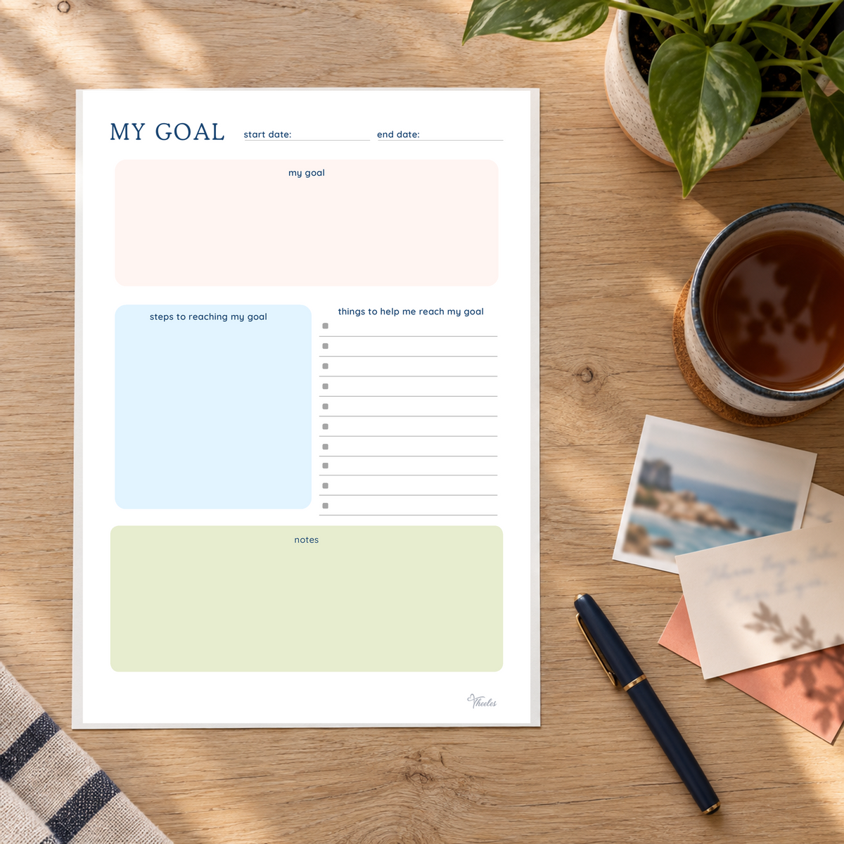 Actual My Goal worksheet with steps, supports and notes on a calm Sunday table.