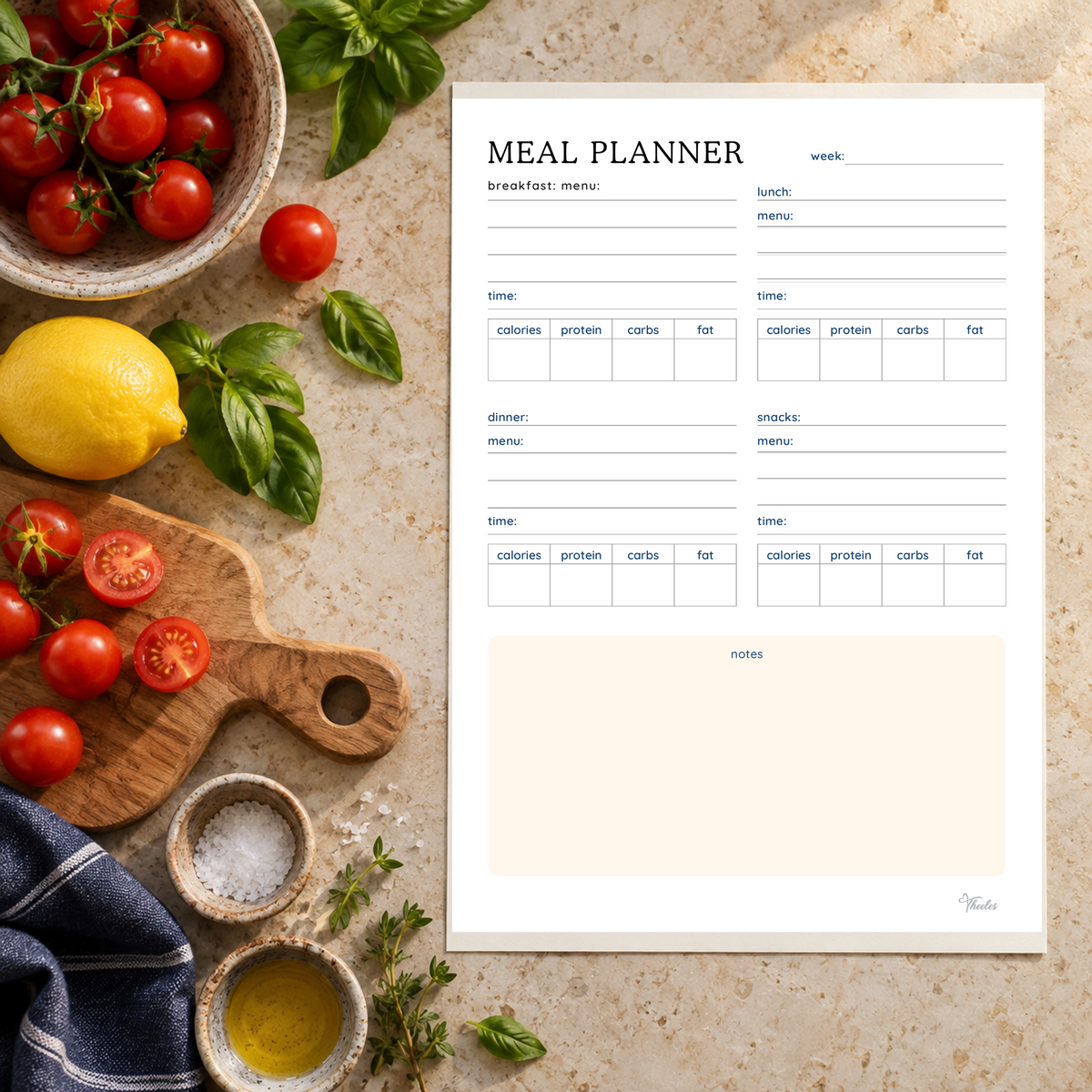 Actual meal planner worksheet with meal fields and optional nutrient tables on a kitchen worktop.