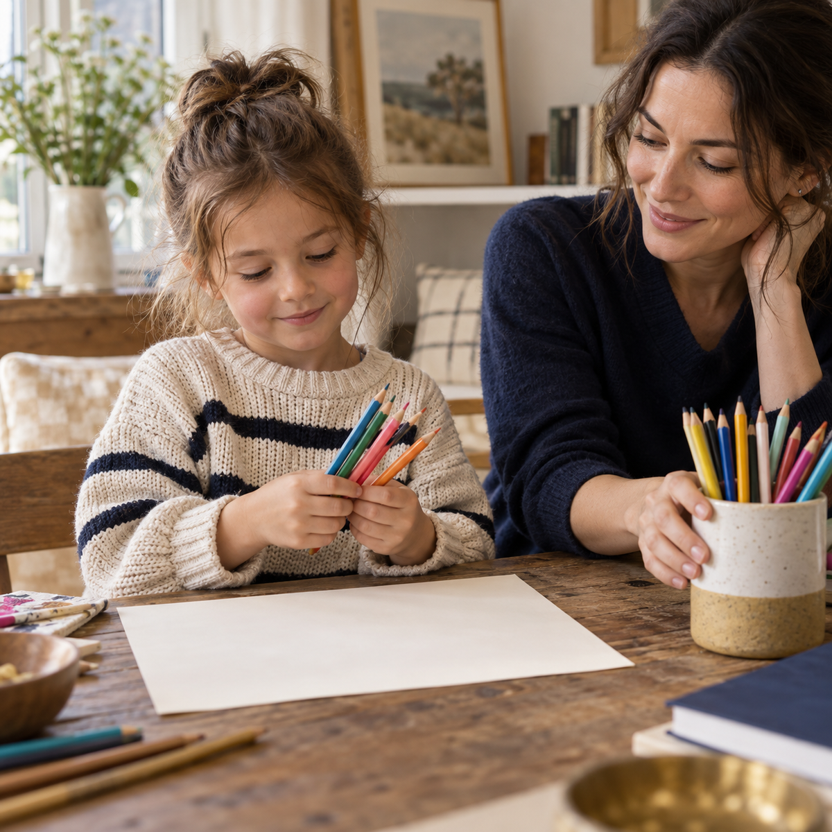 Child choosing coloured pencils with a supportive adult nearby; illustrative creative activity