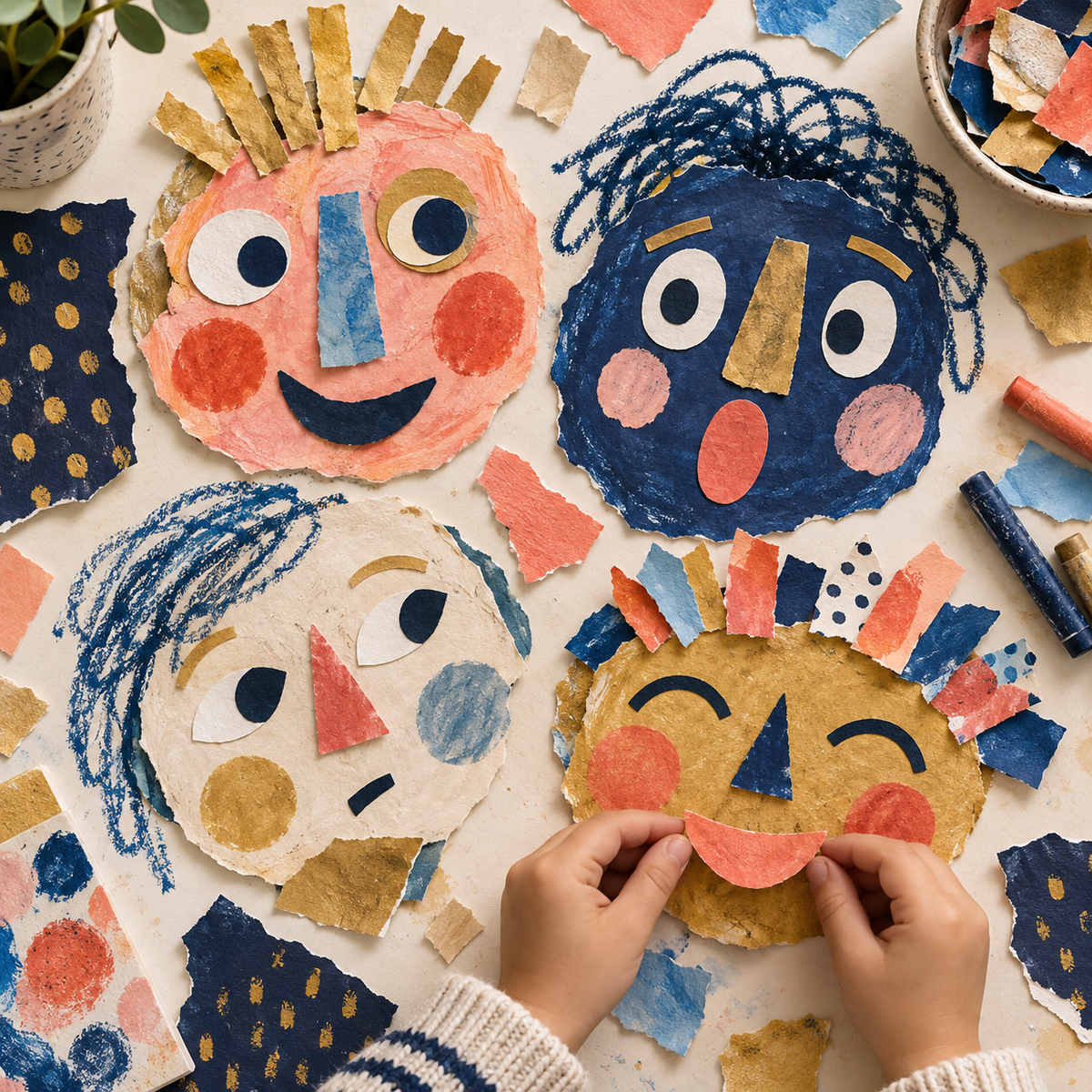 Original torn-paper expressive faces showing different feelings; illustrative activity, not an exact workbook page