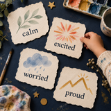 Original feeling-word cards reading calm, excited, worried and proud; illustrative art, not an exact workbook page