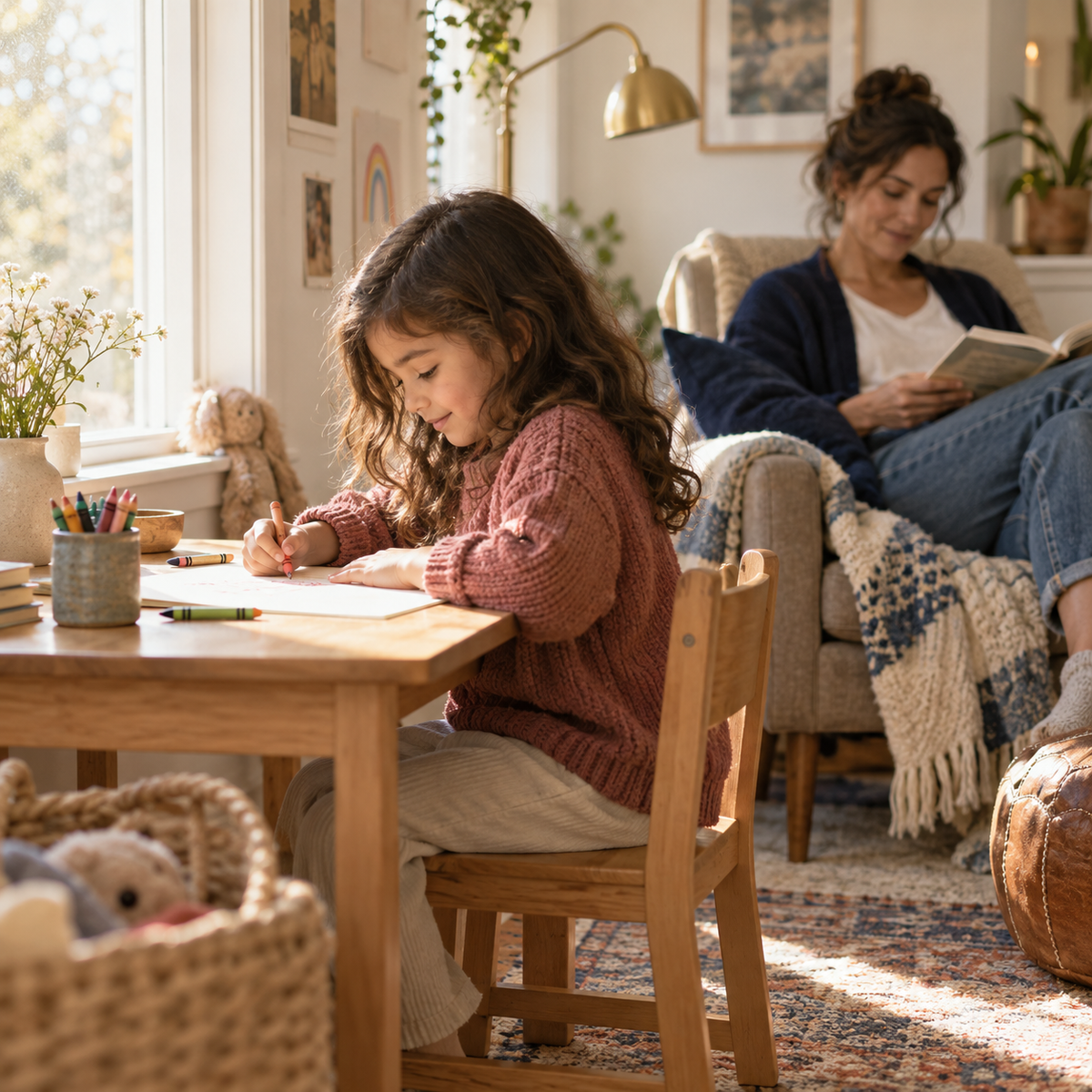 Child drawing privately while a supportive adult reads nearby; illustrative scene
