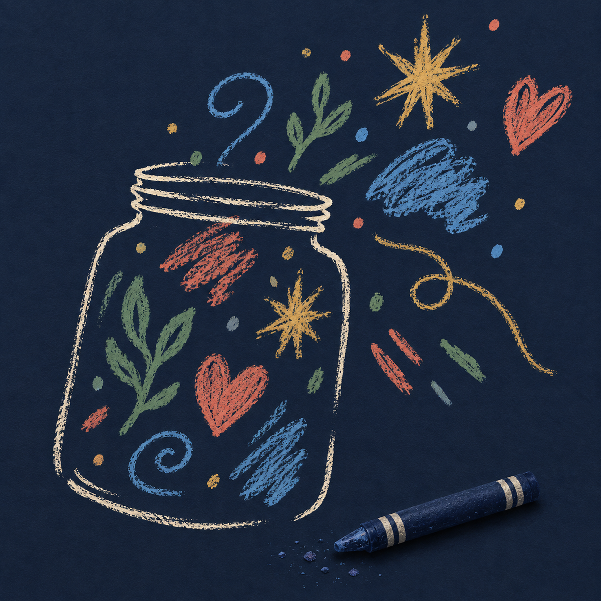 Original crayon artwork with mixed marks spilling from a symbolic jar, representing a gentle art prompt about worries; illustrative, not an exact PDF page