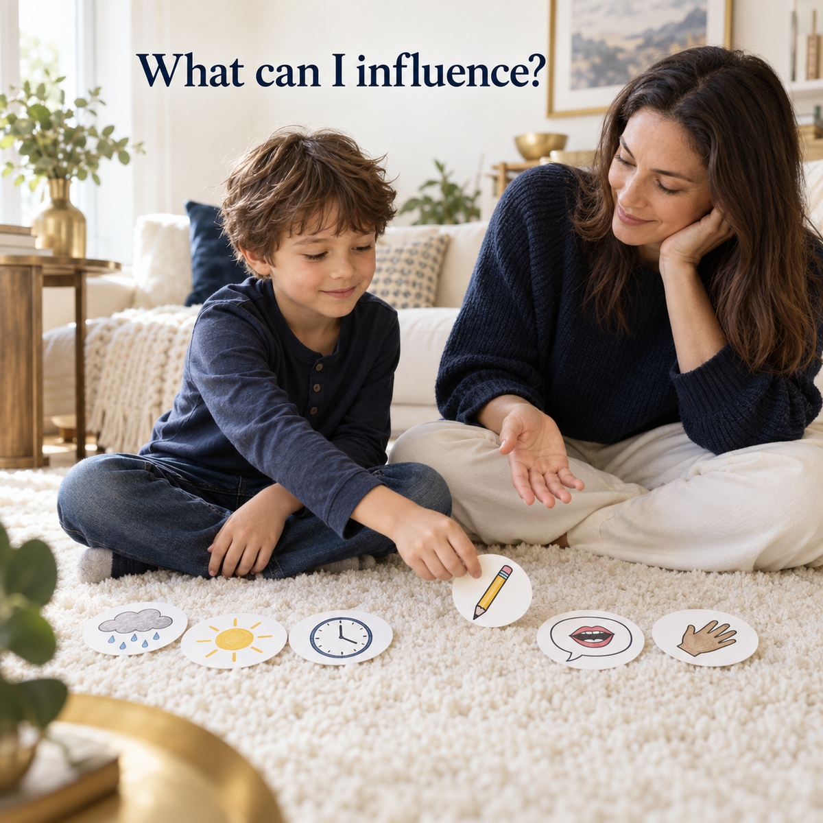 Child and caregiver exploring illustrated choices with the question What can I influence?; illustrative, not an exact PDF page