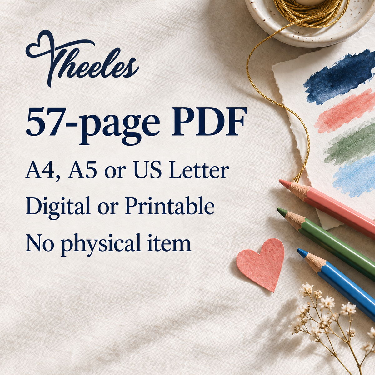 Theeles-branded digital workbook facts: 57-page PDF, A4 A5 or US Letter, Digital or Printable, no physical item