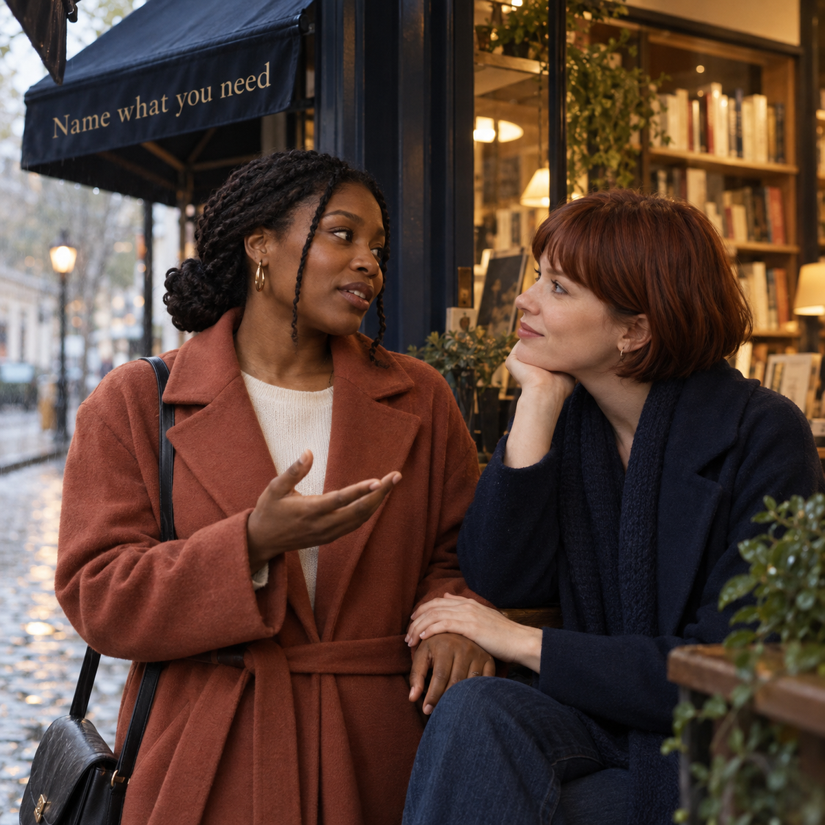 Two adults talk about what they need; illustrative relationship reflection scene
