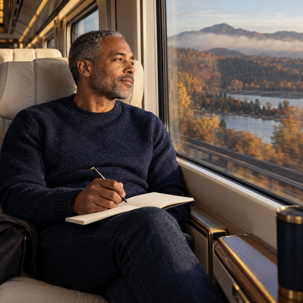 Adult taking a private moment to reflect while traveling; illustrative workbook theme
