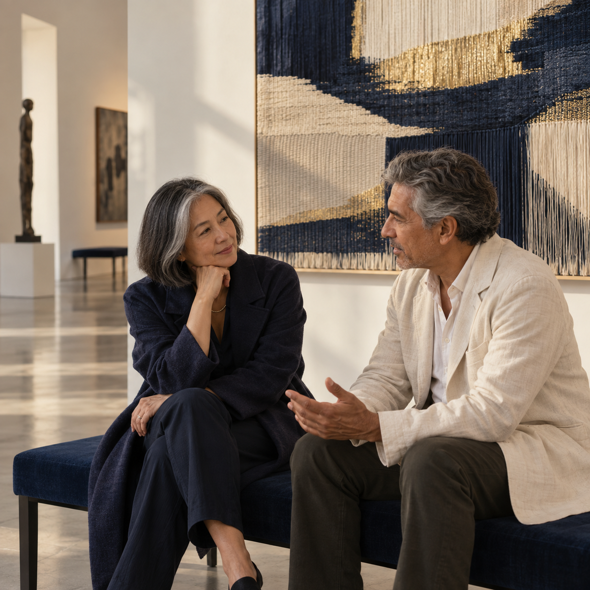 Older adults in an open, gentle conversation; illustrative attachment reflection scene