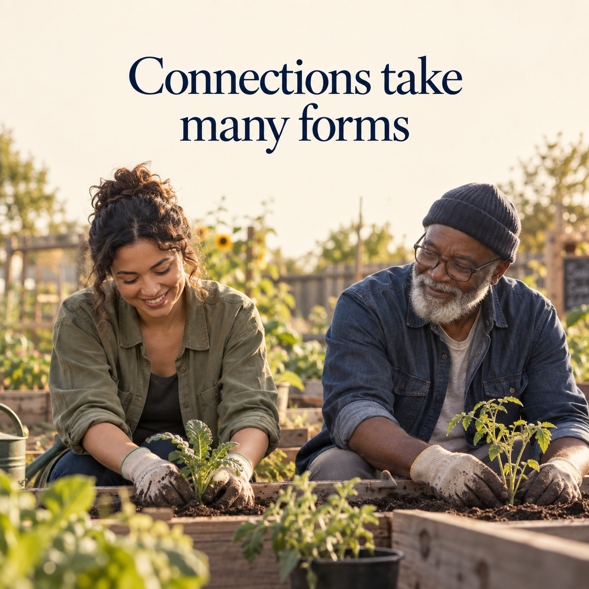 Adult family members garden together; connections take many forms, illustrative scene