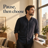 Adult pauses before responding to a message; illustrative relationship reflection scene