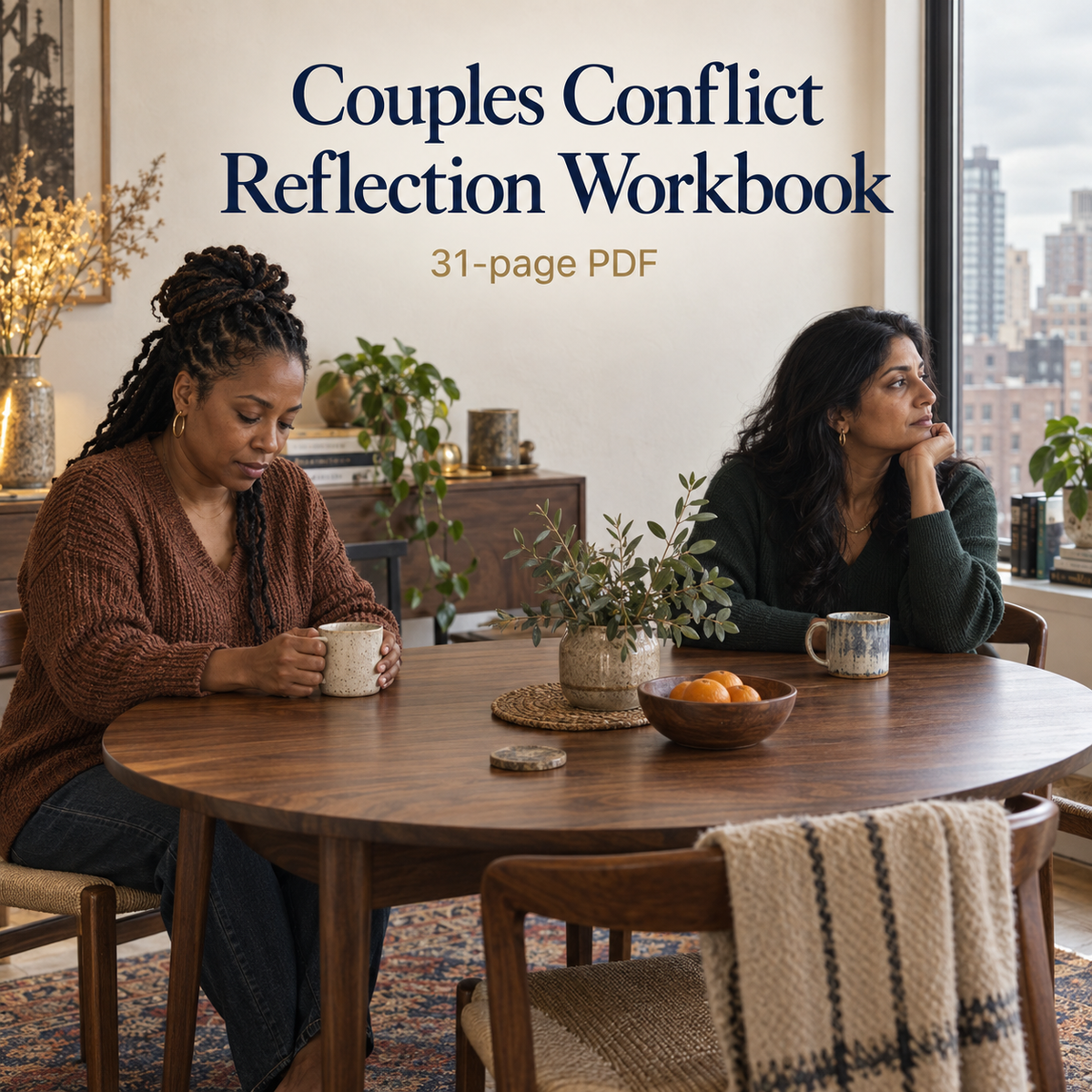 Couples Conflict Reflection Workbook, 31-page PDF; illustrative adult partners taking a thoughtful pause