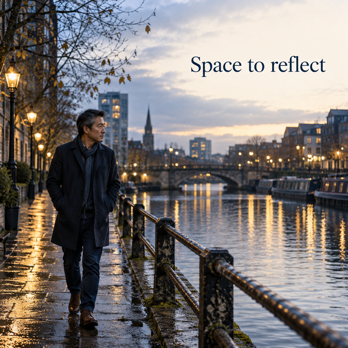Adult makes space to reflect alone by a canal; illustrative workbook theme