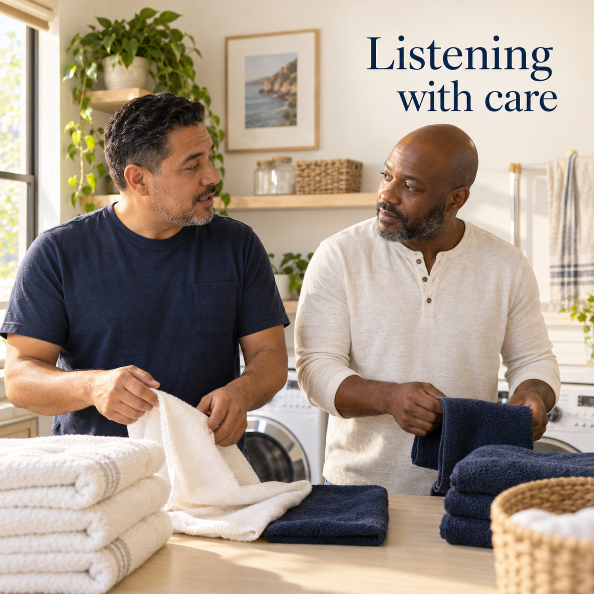 Adult partners listen while folding laundry; illustrative communication scene