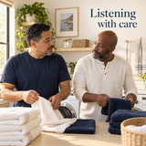 Adult partners listen while folding laundry; illustrative communication scene