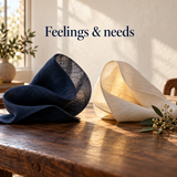 Navy and cream linen shapes representing feelings and needs; original conceptual art
