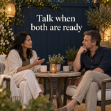 Adult partners talk by mutual choice on a patio; illustrative scene