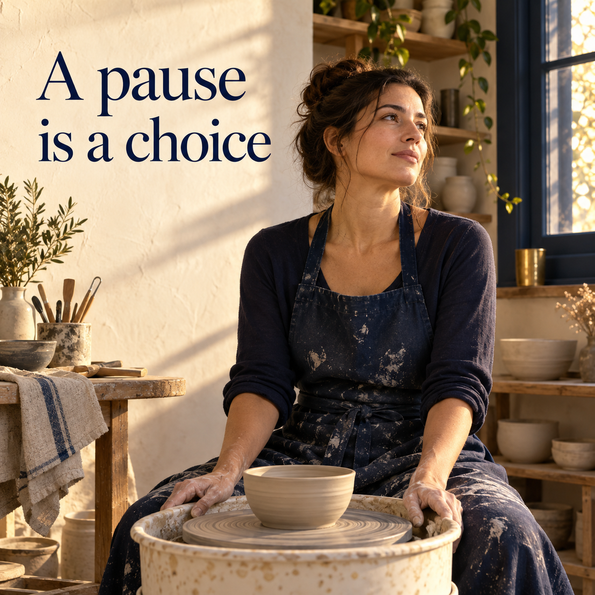 Adult pauses in a ceramics studio; illustrative choice to take time before a conversation