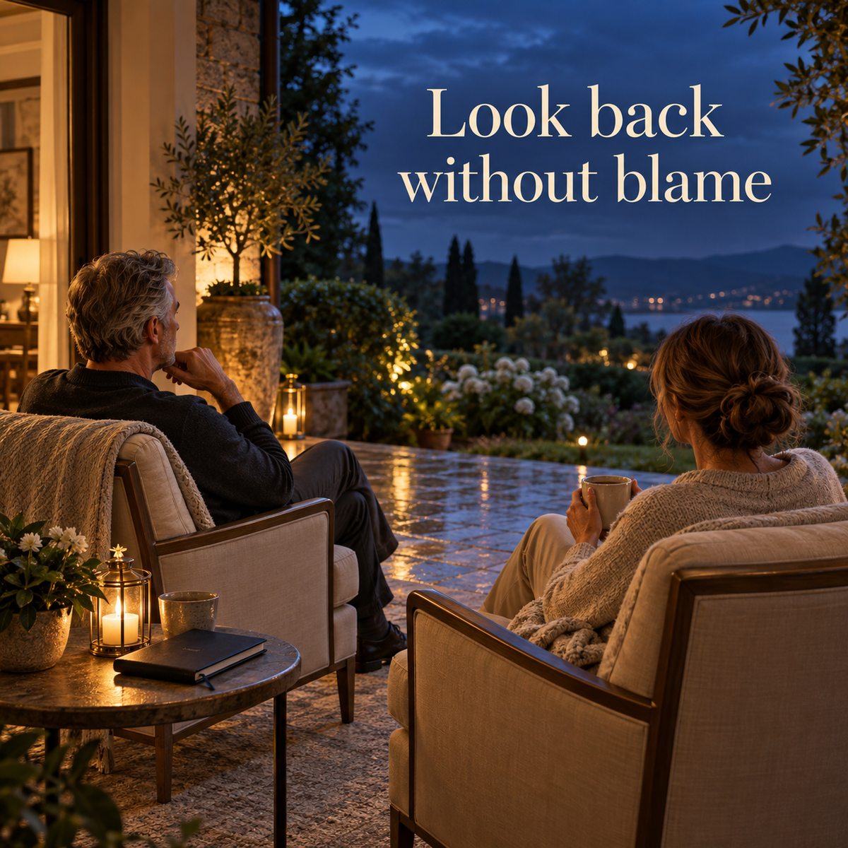Two adults look back without blame from separate chairs, illustrative reflection scene