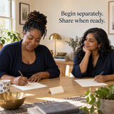 Illustrative couple privately reflecting in separate workbooks; share when ready