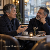 Illustrative older couple listening with curiosity during a café conversation