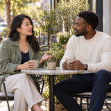 Illustrative couple speaking respectfully over coffee outdoors