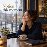 Illustration of an adult pausing in a rainy café, representing present-moment awareness