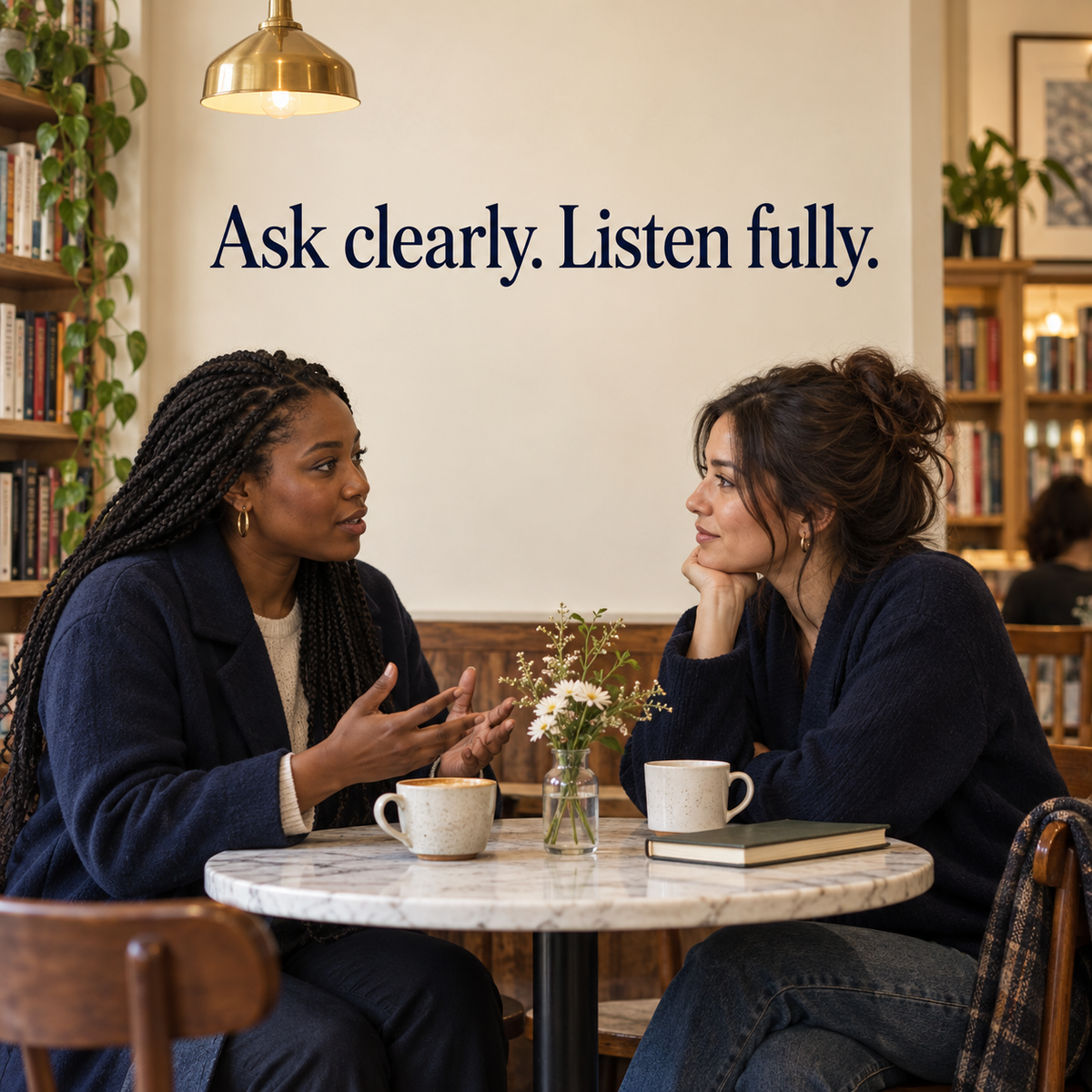 Illustration of two adults in a clear, respectful conversation