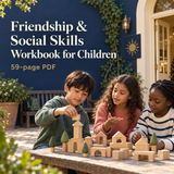 Friendship & Social Skills Workbook for Children, 59-page PDF; illustrative children collaborating on blocks