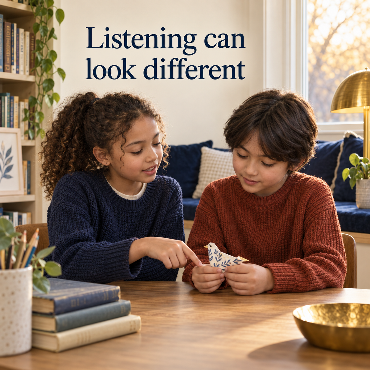 Children explore listening in different ways; illustrative Friendship & Social Skills Workbook scene