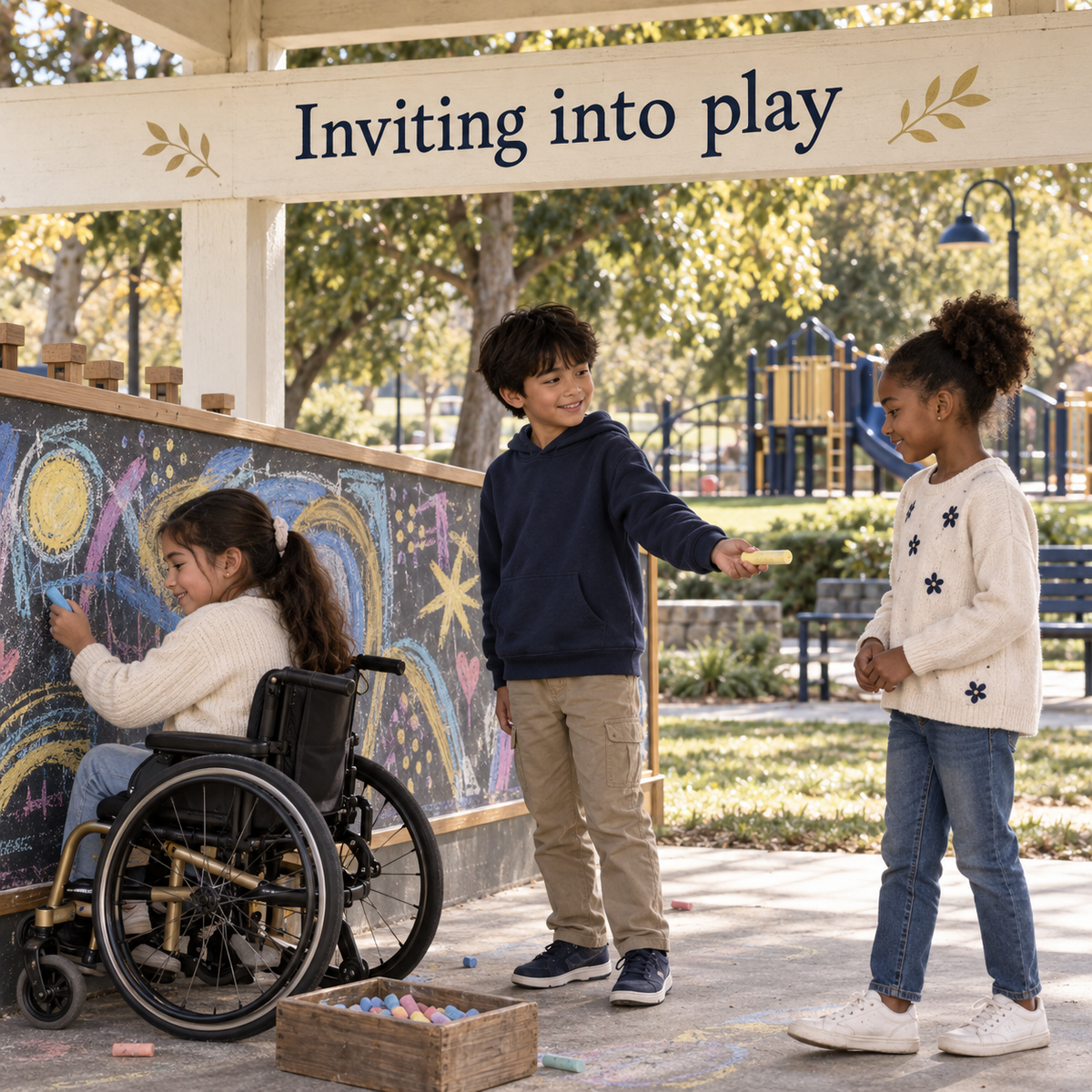Children inviting one another into a park activity; illustrative social-skills scene