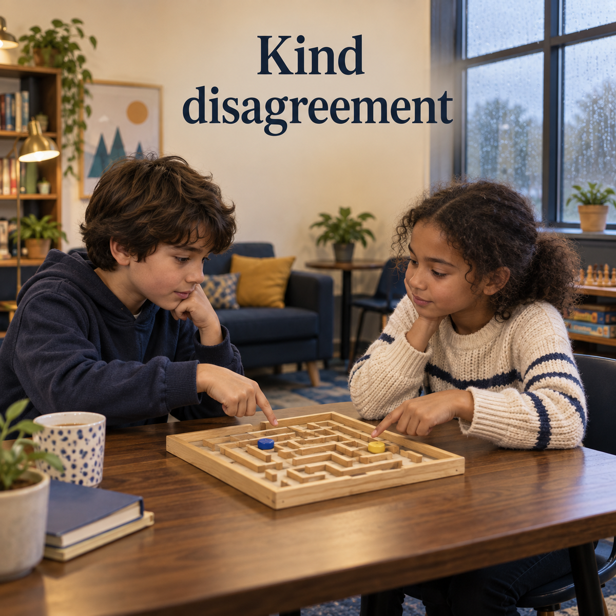 Two children consider different ideas over a board game; illustrative workbook theme