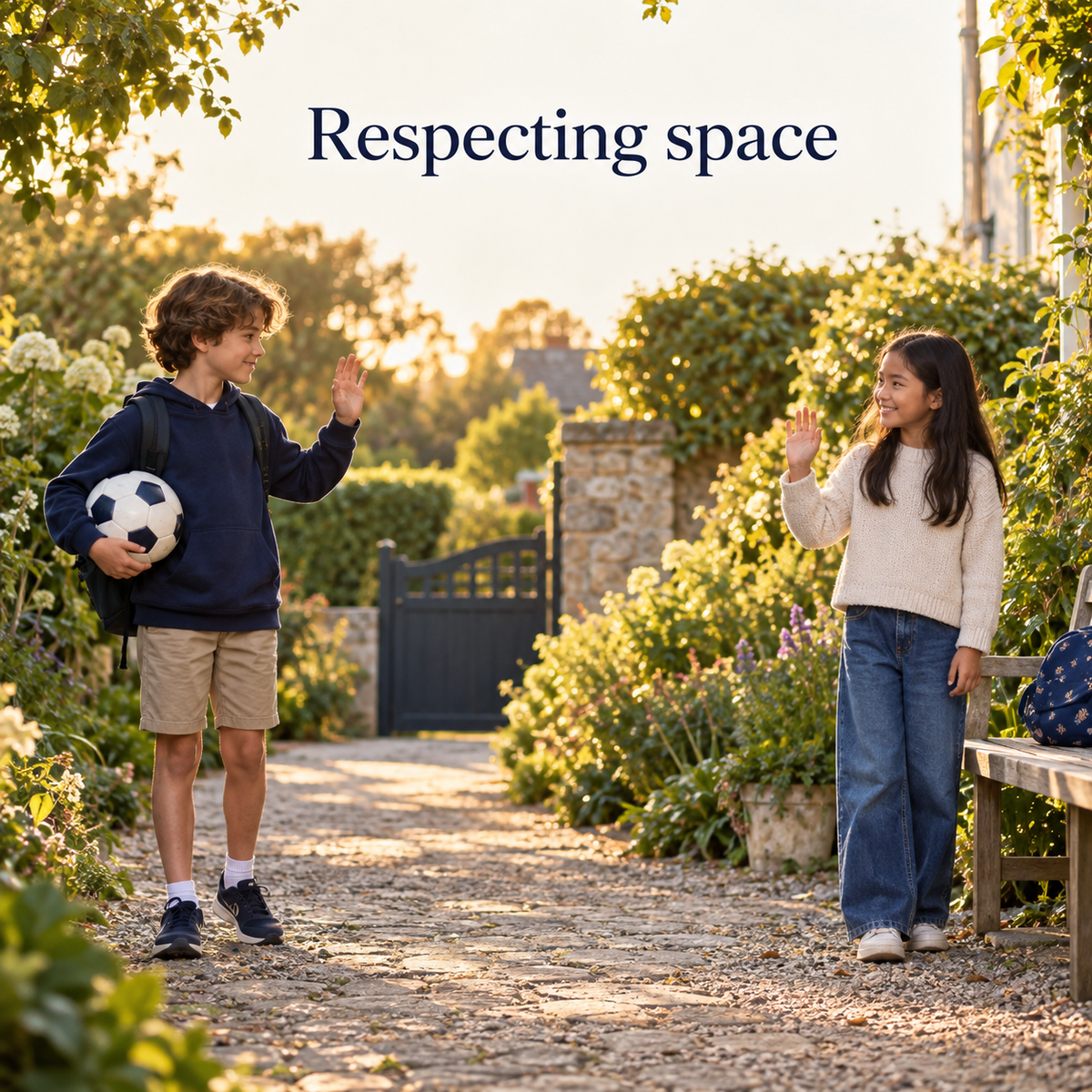 Children waving from comfortable distance; illustrative personal-space theme