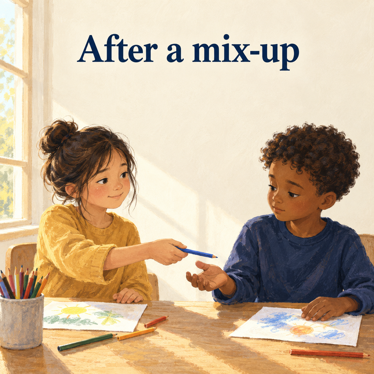 Children reconnecting after a mix-up; illustrative friendship reflection scene
