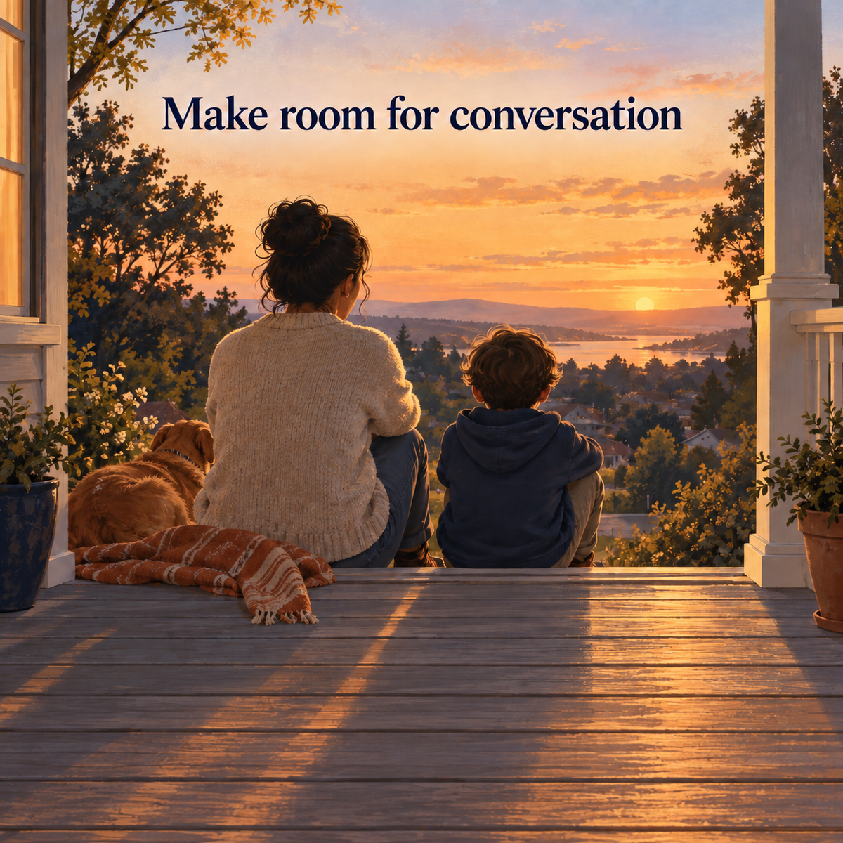 Parent and child making room for conversation at sunset; illustrative Friendship & Social Skills Workbook scene