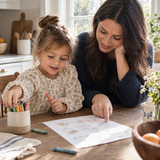 Caregiver and child exploring a preschool activity together at home