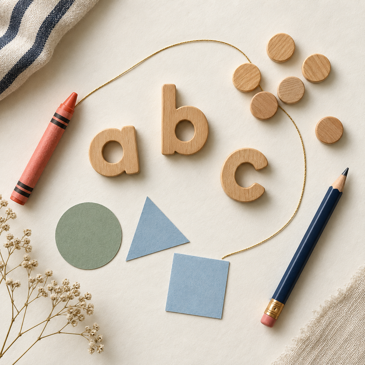 Preschool learning themes shown with letters, counting tokens, shapes and crayons