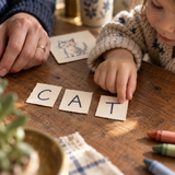 Child and caregiver arranging C A T letter tiles to explore short words