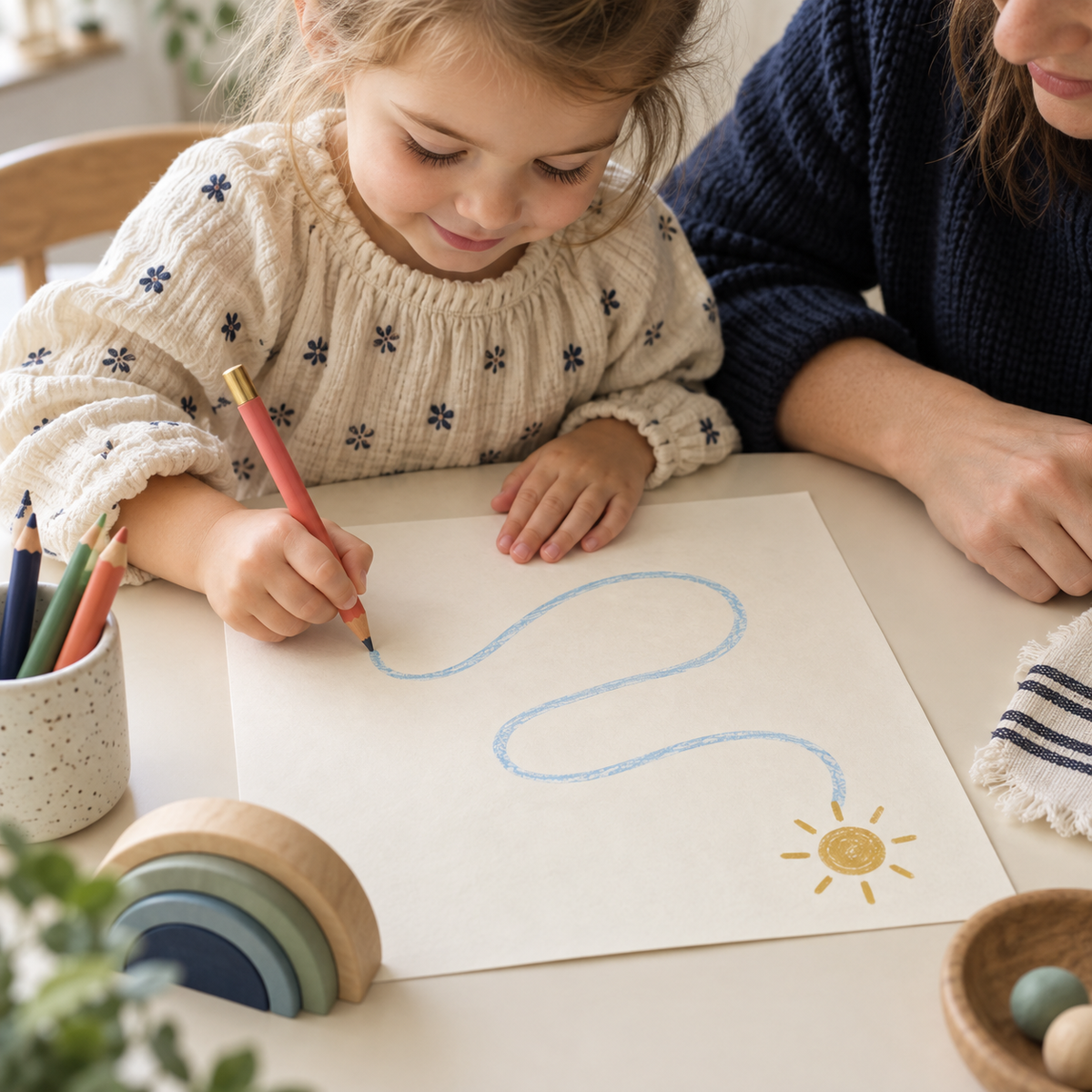 Child practicing a winding pencil line with adult support, illustrating fine-motor activity