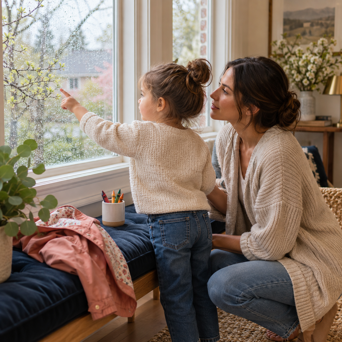 Caregiver and child observing rainy weather through the window together