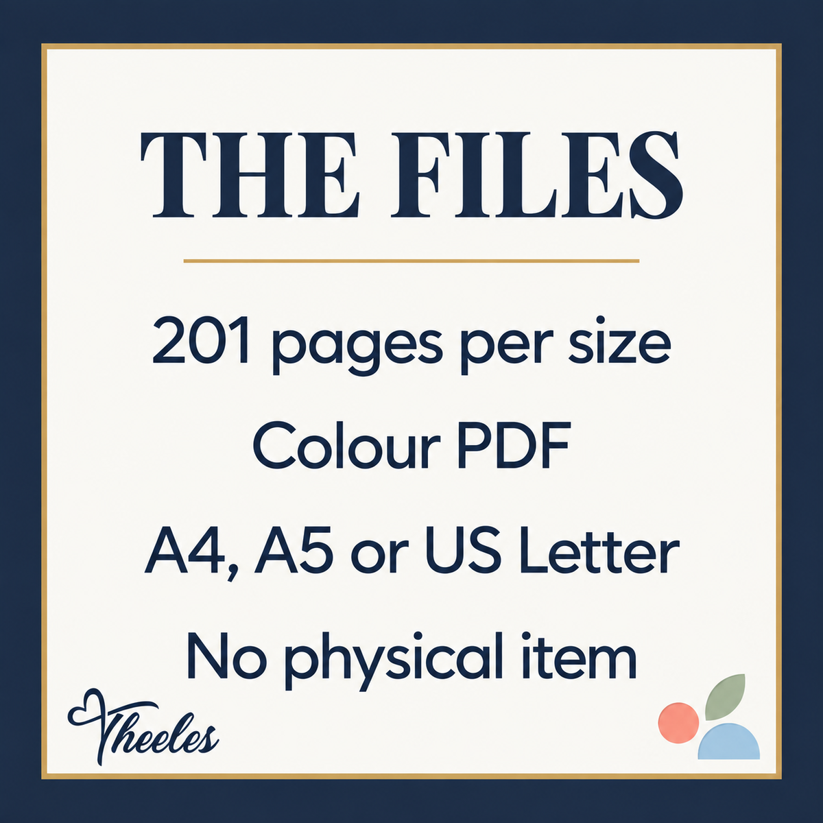 Theeles-branded digital product facts: 201 pages per selected size, colour PDF, A4 A5 or US Letter, no physical item