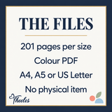 Theeles-branded digital product facts: 201 pages per selected size, colour PDF, A4 A5 or US Letter, no physical item