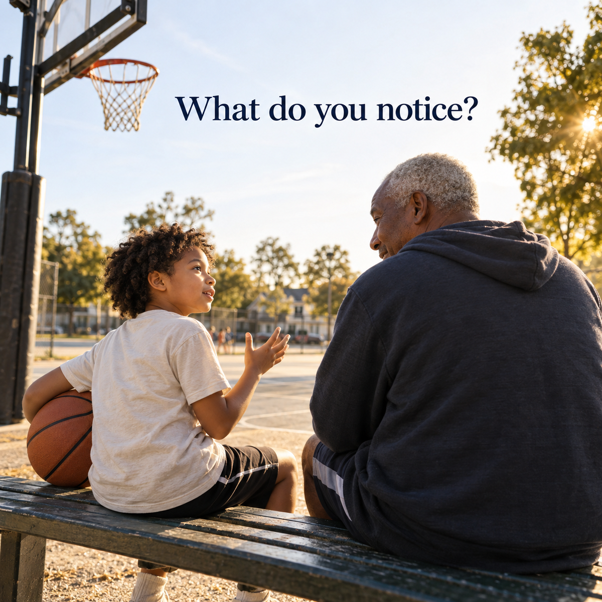 Illustrative basketball-court scene about children noticing body cues with a trusted adult