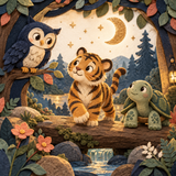 Original felt owl, tiger, and turtle story illustration for the Kids Body Signals workbook