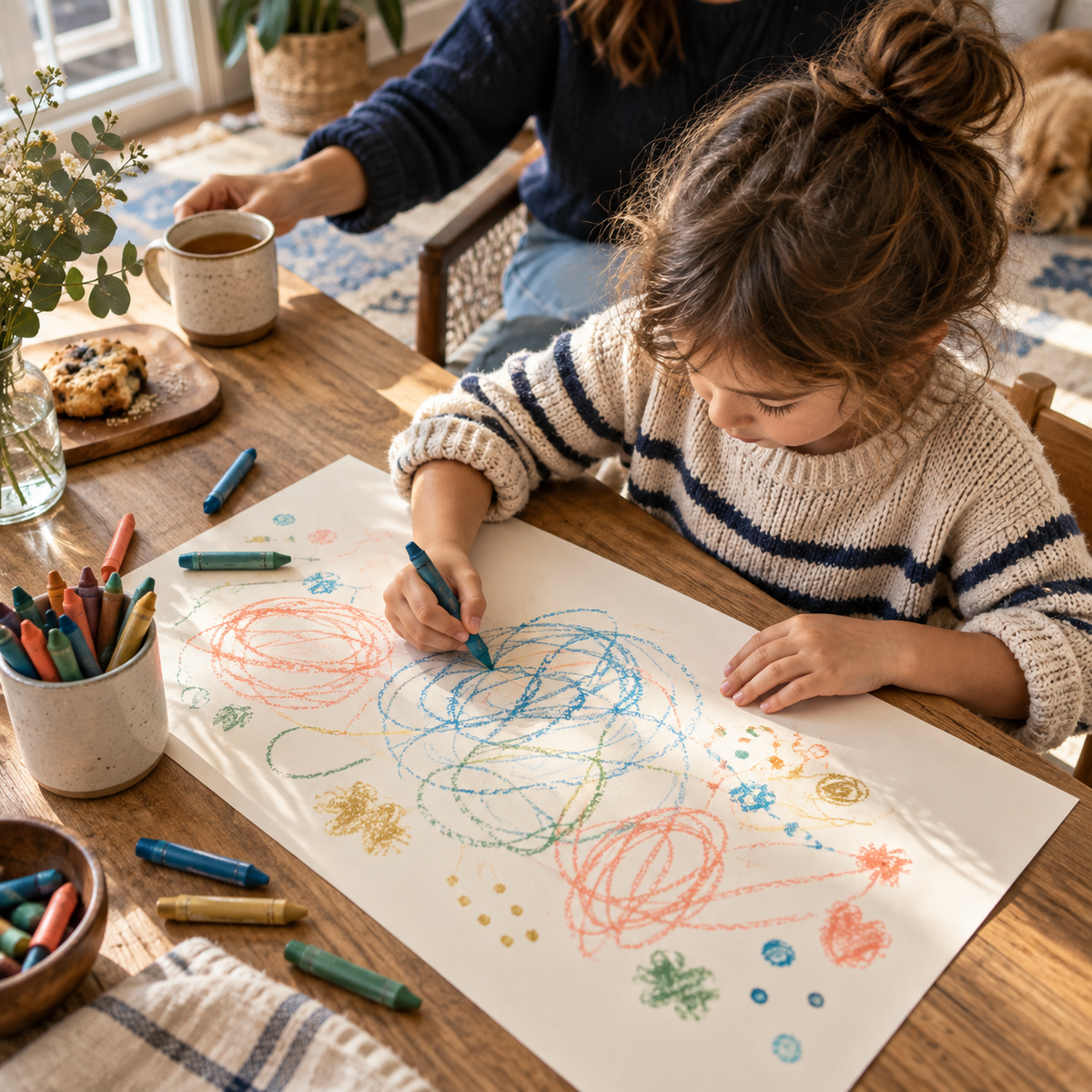 Illustrative child-led crayon expression scene, Kids Body Signals workbook