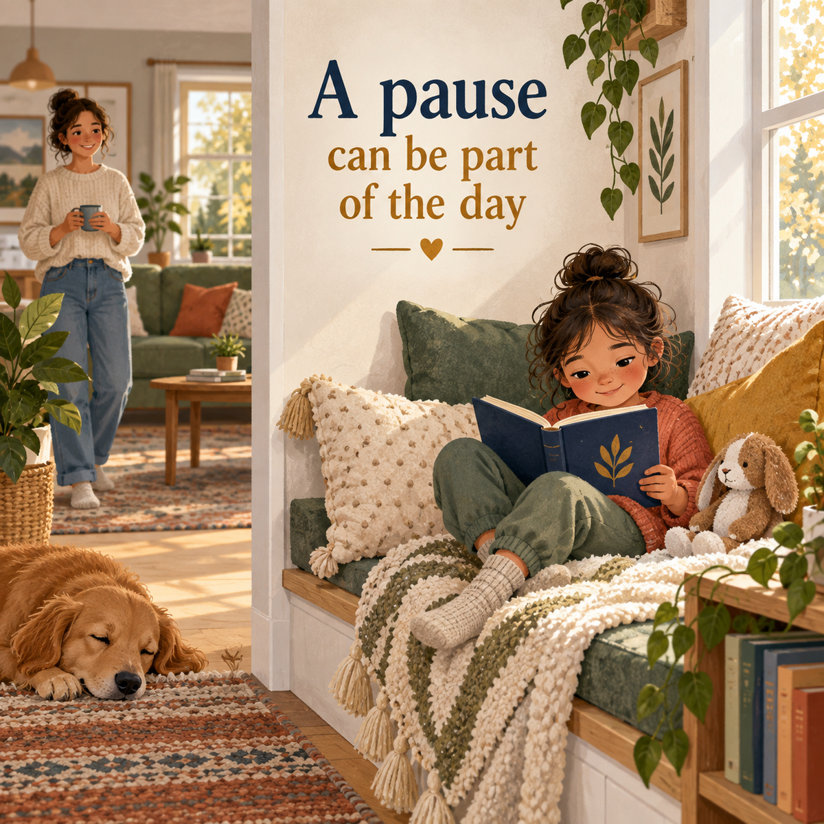 Illustrative reading-nook scene about taking a pause, Kids Body Signals workbook
