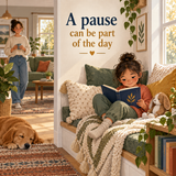 Illustrative reading-nook scene about taking a pause, Kids Body Signals workbook