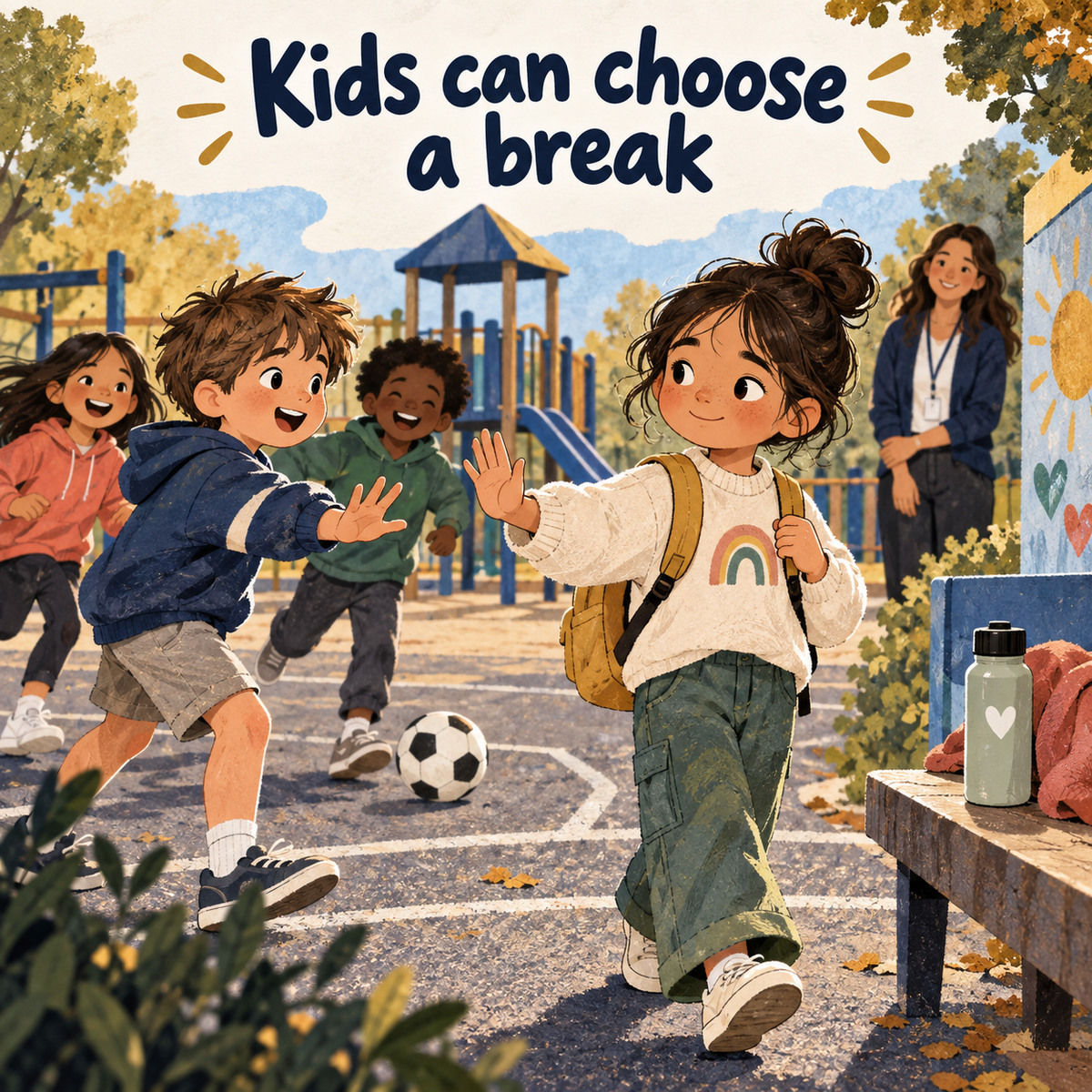 Illustrative playground scene about a child choosing a break, Kids Body Signals workbook